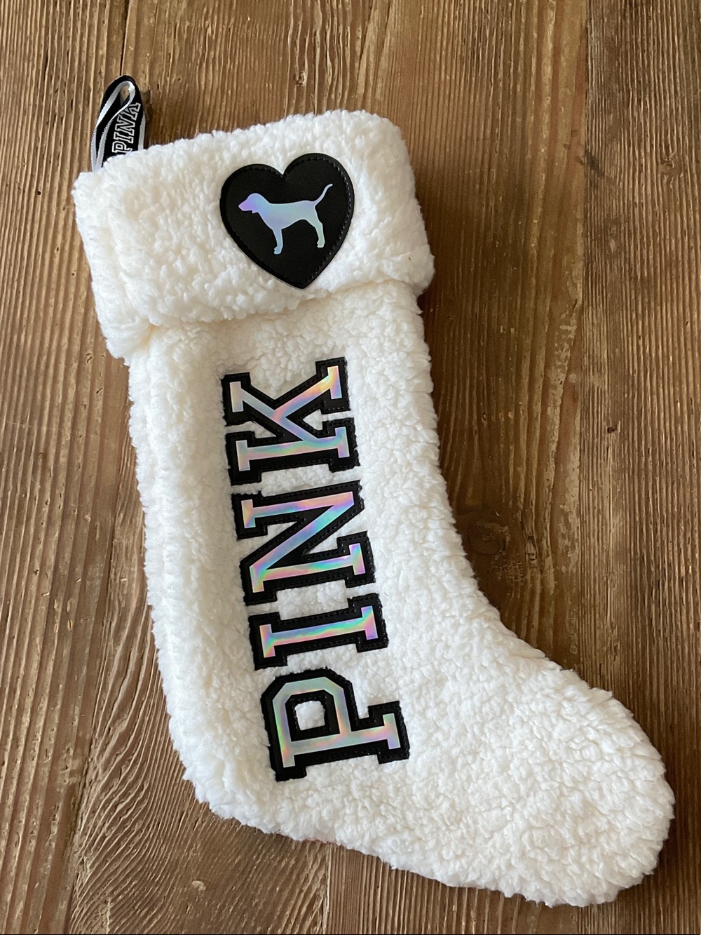 PINK Victoria's Secret White Sherpa Stocking with Holographic Logo